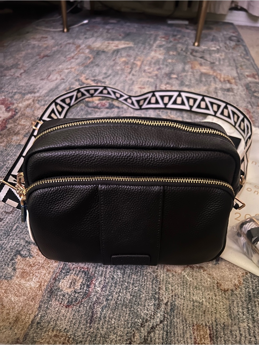 Pom Pom London Black Leather Double-Zip Crossbody Bag with Patterned Strap - Picture 2 of 7